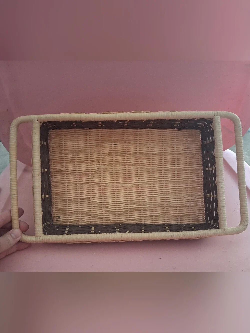 Woven Rectangular Serving Basket in Natural and Dark Brown